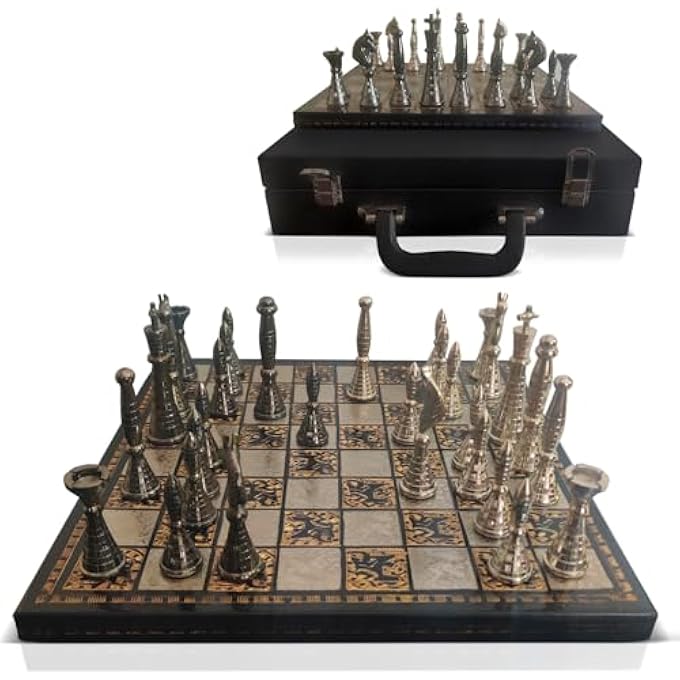 rayihni COLLECTIBLE TRIBAL WARLI ART BRASS CHESS SET IN LEATHER STORAGE BOX. (12 X 12 IN) - Image 1
